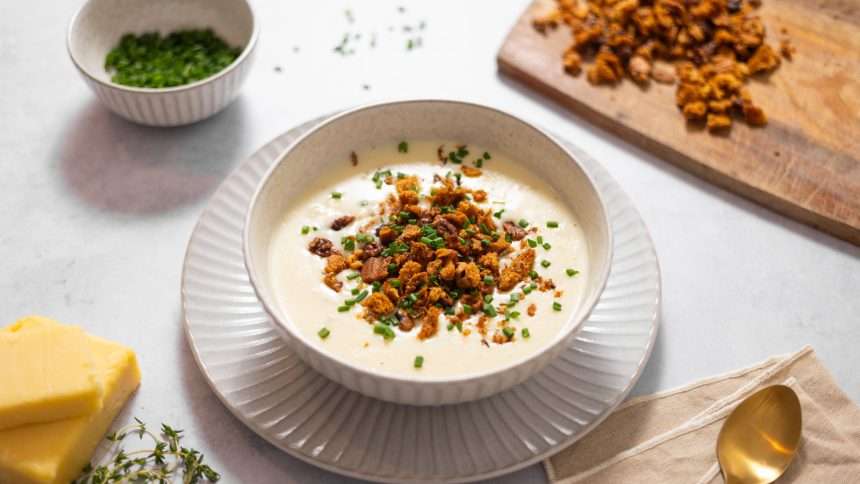 Cheesy Roasted Garlic Soup Recipe With Sourdough Crumbles